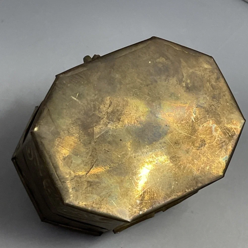 VTG Brass Rustic Cricket Box Handle & Hinged Lid Octagon For Trinket Incense